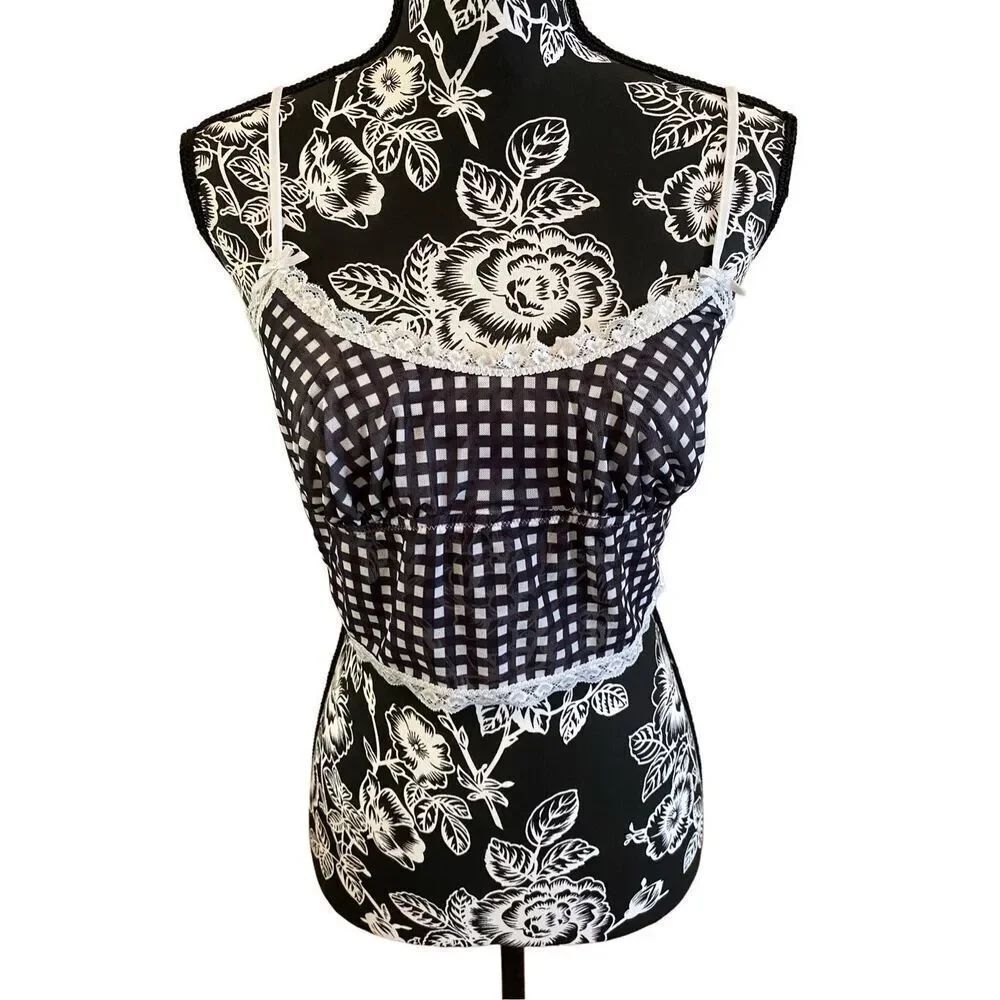 Forever 21 Sheer Gingham Cropped Cami Tank Top Bow Lace
